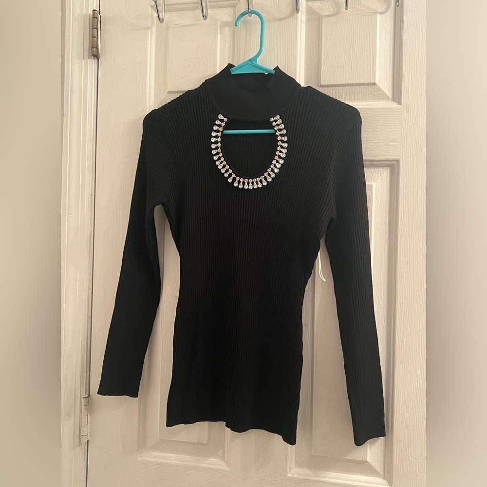 Size medium black diamond gem bedazzled cutout neckline ribbed sweater